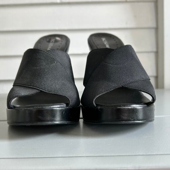 BCBGirls Black Elastic Crossover Platform Wedges Slip-On Sandals Heels Size 10 - Picture 11 of 14